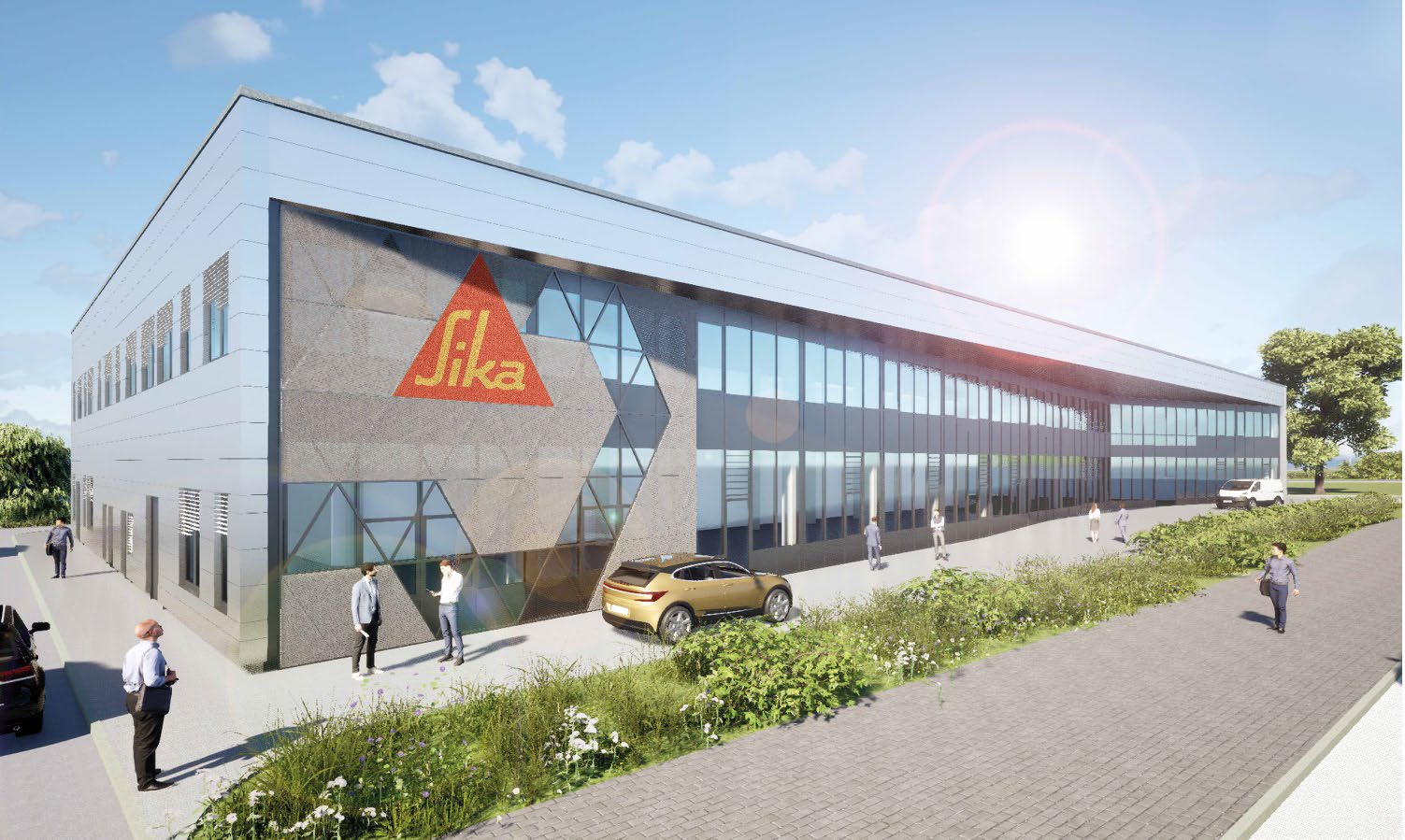 Rendering eines langgestreckten Bürogebäudes mit Glasfassade und großem Sika-Logo an der Stirnseite; im Vordergrund Gehweg und Grünstreifen.