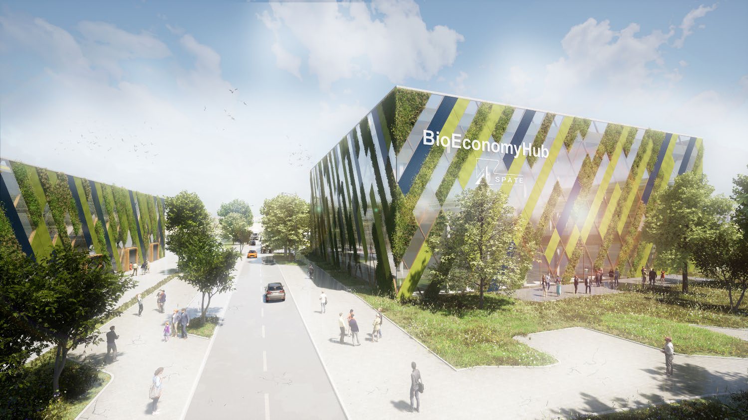 Visualisierung des BioEconomyHub: Moderne Bürogebäude mit schrägen, begrünten Fassadenelementen, belebten Gehwegen und Bäumen bei Tageslicht.