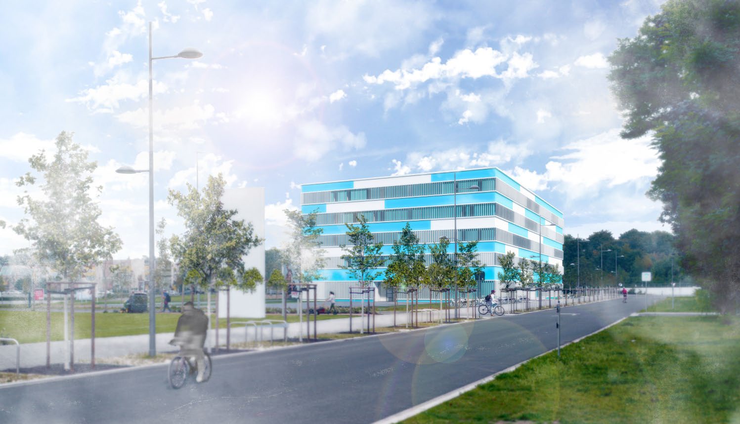 Fotorealistische 3D-Visualisierung eines modernen, mehrstöckigen Bürogebäudes mit einer markanten blau-weiß gestreiften Fassade an einer befahrenen Straße mit Fahrradweg.