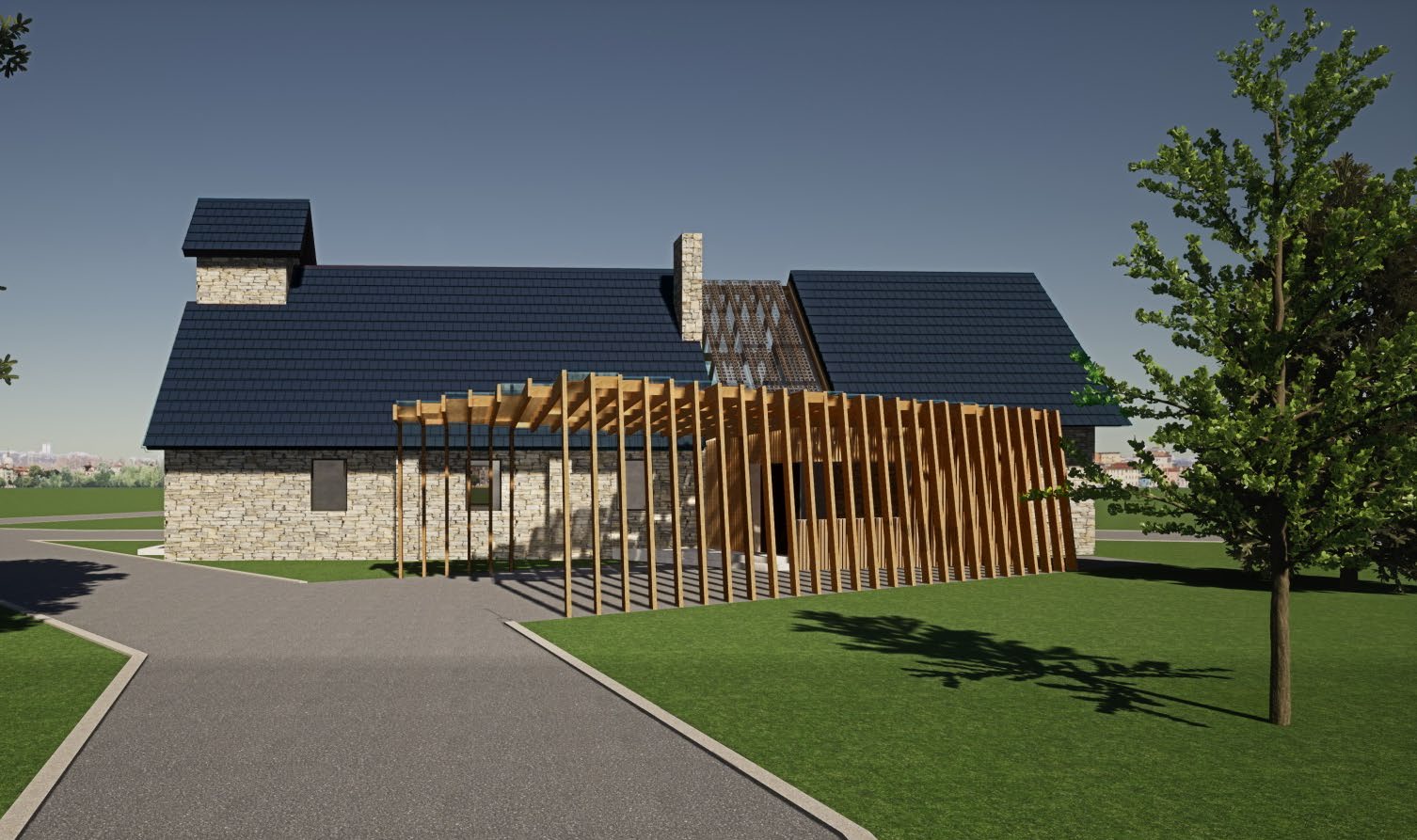 Steinernes Haus mit dunklem Satteldach und moderner Holzlamellenstruktur im Vorgarten auf Rasenfläche neben Baum