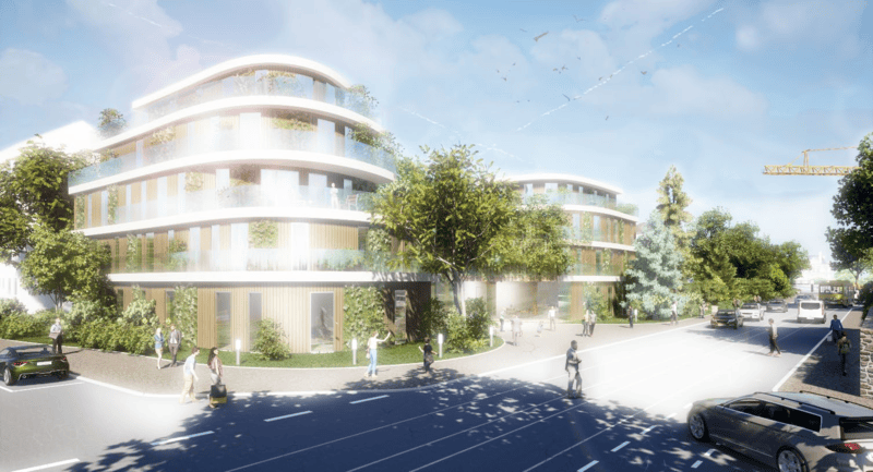 Zwei moderne, abgerundete mehrstöckige Gebäude mit großen Fenstern an einer sonnigen Straße mit Fußgängern und Autos