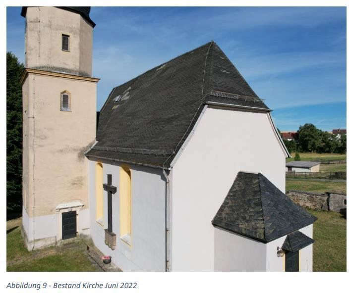 Kirche mit hohem, spitzem Dach und angrenzendem Turm vor blauem Himmel