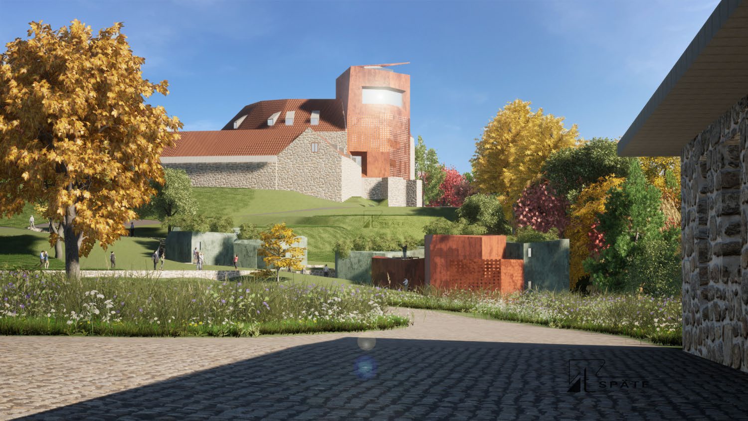 Landschaft mit herbstlich gefärbten Bäumen, einem modernen Gebäude mit kupferfarbener Fassade auf einem Hügel und einem gepflasterten Weg im Vordergrund